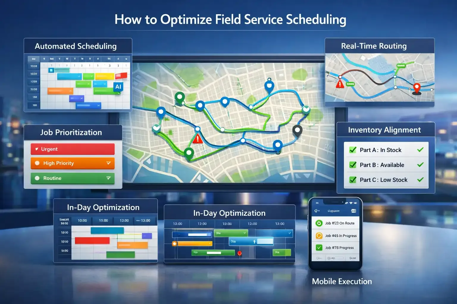 Dashboard showing optimized field service scheduling with routes and AI tools